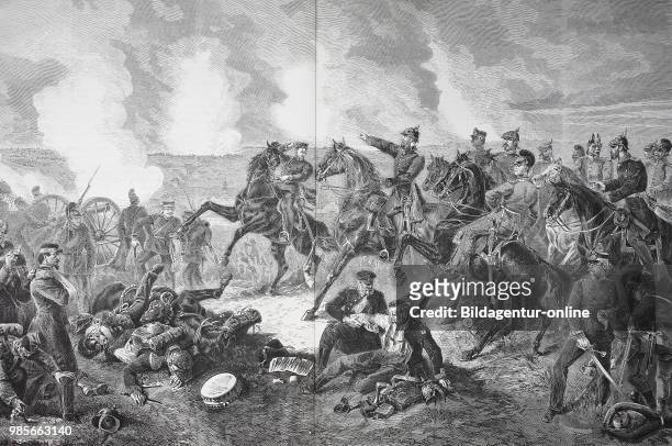 Crown Prince Frederick William of Prussia and his staff at the Battle of Woerth on the 6th of August, in the Franco-Prussian War of 1870/1871,...