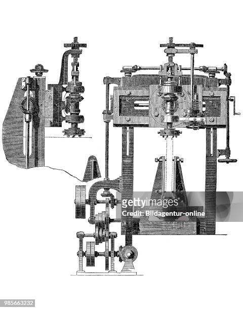 Frais machine, milling machine for processing bent metal plates, industrial product from the year 1880, digital improved reproduction of a woodcut...