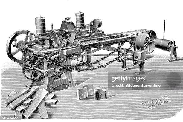 Wood industry, woodworking machines, staves planing machine and recess machine, by Anton & Sons in Flenburg, Germany, industrial product from the...