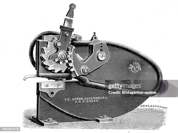 Illustration of a tin snips, with which you can cut metal sheets of unlimited length and width, by F. X. Honer in Ravensburg, Germany, digital...