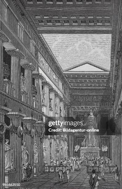 The statue of Athena Parthenos of Pheidias in the Cella of the Parthenon, Greece, reconstruction by G. Rehlender, digital improved reproduction of an...