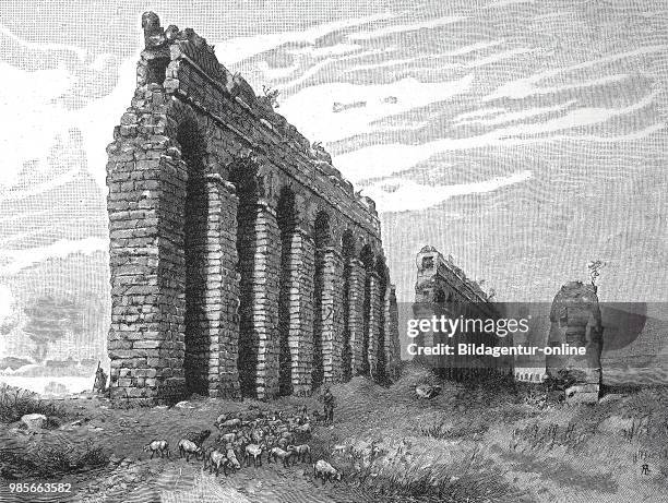 Remains of a Roman aqueduct in the Campagna, Italy, digital improved reproduction of an original print from the 19th century.