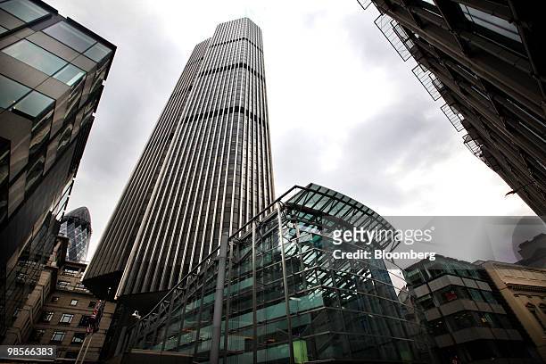 Tower 42, formerly the Nat West Tower, center, sits in the financial district of London, U.K., on Monday, April 19, 2010. The U.K.'s inflation rate...