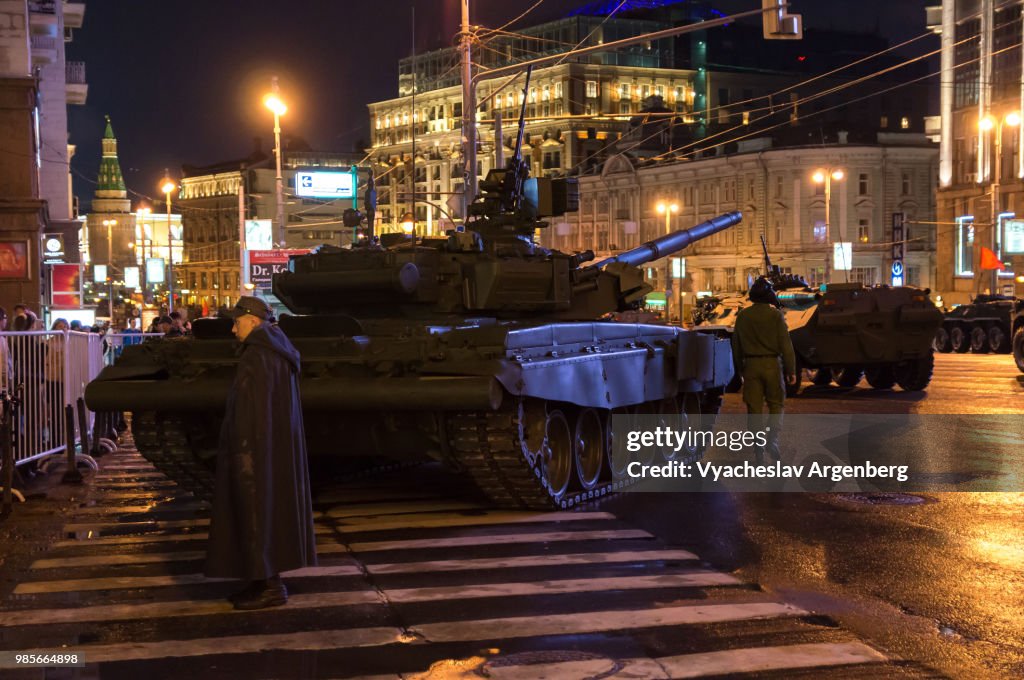 T-90 Russian battle tank, nightlife in Moscow, Russia