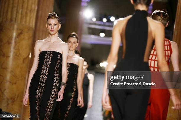 Models walk the runway at the Sabrina Persechino show during Altaroma at Palazzo delle Esposizioni on June 27, 2018 in Rome, Italy.