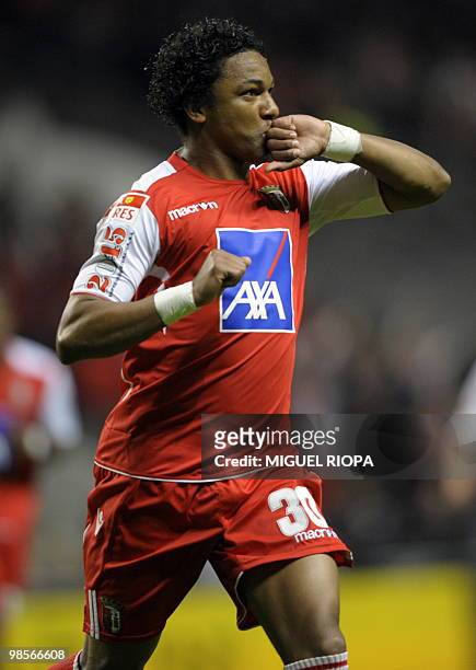 Braga´s forward from Brazil Alan Silva celebrates after scoring against Leixoes during their Portuguese first league football match at the AXA...