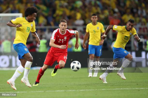 Nemanja Matic of Serbia is seen during the 2018 FIFA World Cup Russia group E match between Serbia and Brazil at Spartak Stadium on June 27, 2018 in...