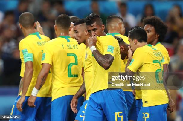 Paulinho of Brazil celebrates with his team mates after scoring the open g goal during the 2018 FIFA World Cup Russia group E match between Serbia...