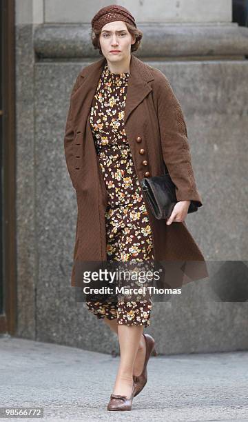 Actress Kate Winslet is seen working on the set of the HBO Miniseries "Mildred Pierce" on location in midtown Manhattan on April 18, 2010 in New...