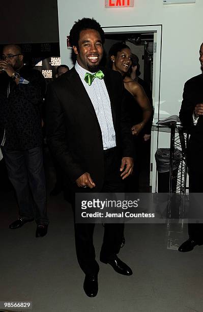 Professional Football Player Dhani Jones arrives at the exclusive viewing party for "Dhani Tackles The Globe" at Red Bull Space on April 19, 2010 in...