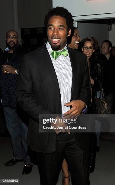 Professional Football Player Dhani Jones arrives at the exclusive viewing party for "Dhani Tackles The Globe" at Red Bull Space on April 19, 2010 in...