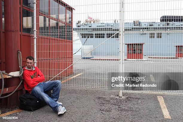 British passenger who did not manage to board on the HMS Albion, waits outside Santander port, on April 20, 2010 in Santander, Spain. The Royal...