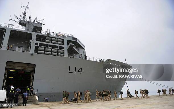 British soldiers arriving from Afghanistan board the Albion Royal Navy destined for Portsmouth, on April 20 in the northern Spanish city of...