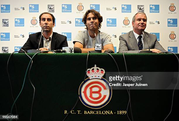 Rafael Nadal answers questions from the media after announcing his decision to withdraw from the ATP 500 World Tour Barcelona Open Banco Sabadell...