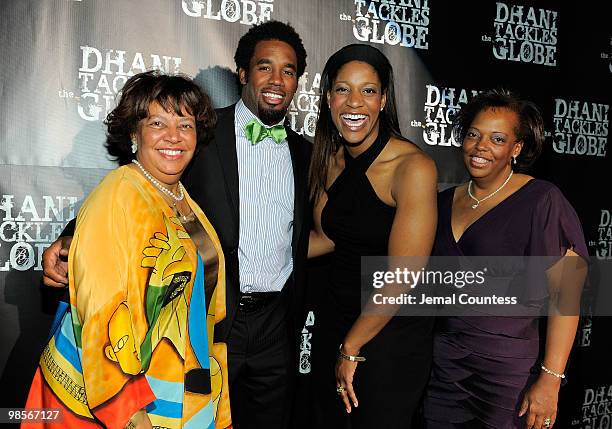 Nancy Jones, Professional Football Player Dhani Jones, Akila O'Grady and Karen Kerr pose for a photo at the exclusive viewing party for "Dhani...