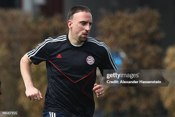 Franck Ribery runs during the Bayern Muenchen training session at Bayern's training ground 'Saebener Strasse' on April 20, 2010 in Munich, Germany....