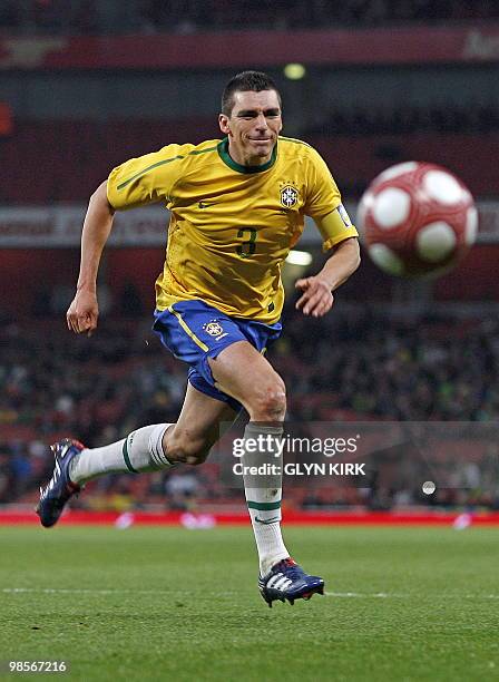 Brazilian defender Lucio in action during the international friendly football match against Republic of Ireland on March 2, 2010 at the Emirates...