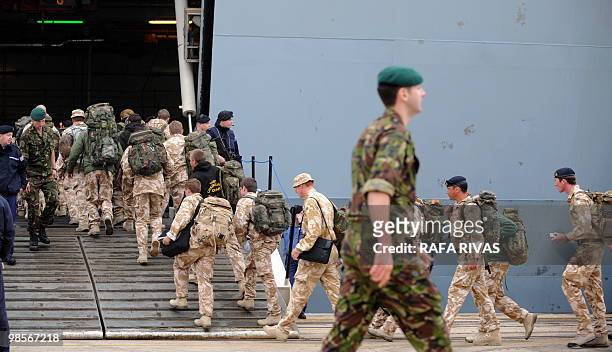 British soldiers from the 3rd Battalion "The Rifles" returning home after a six-month tour in Afghanistan board the Albion Royal Navy ship docked in...