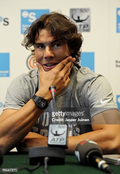 Rafael Nadal answers questions from the media after announcing his decision to withdraw from the ATP 500 World Tour Barcelona Open Banco Sabadell...