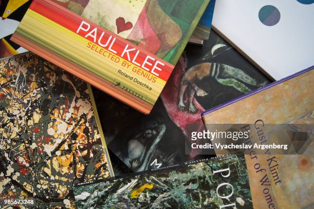 colorful art books on display, nice covers and magazines of early 2000s - argenberg stock pictures, royalty-free photos & images