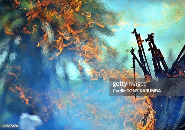 Illegal fire arms are burnt in Nairobi, March 24, 2010 as part of a campaign by the Kenyan government to mop-up illicit small arms and light weapons...