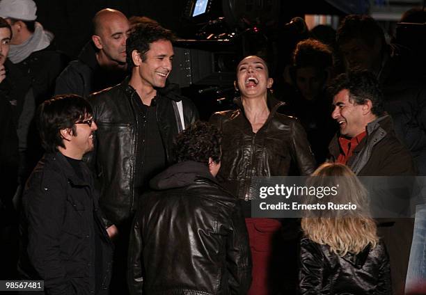 Ricky Manphis, Raul Bova, Ambra Angiolini on location for 'Immaturi', an Italian fictional TV programme being filmed on the streets of Rome April 19,...