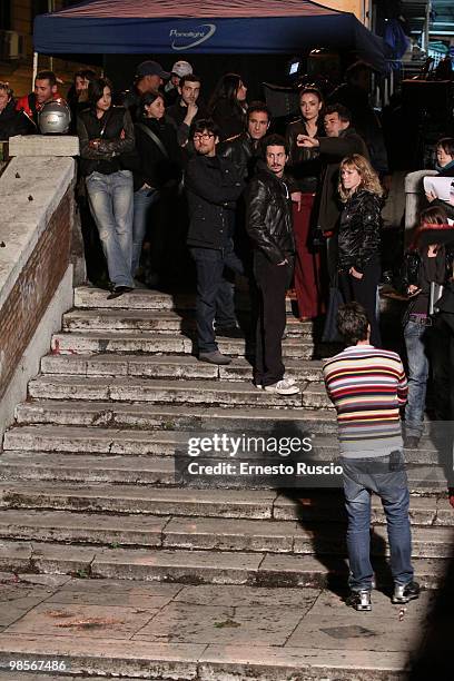 Ricky Manphis, Raul Bova, Luca Bizzarri, Ambra Angiolini and Barbora Bobulova on location for 'Immaturi', an Italian fictional TV programme being...