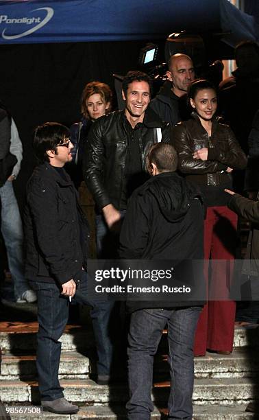 Ricky Manphis, Raul Bova and Ambra Angiolini on location for 'Immaturi', an Italian fictional TV programme being filmed on the streets of Rome April...