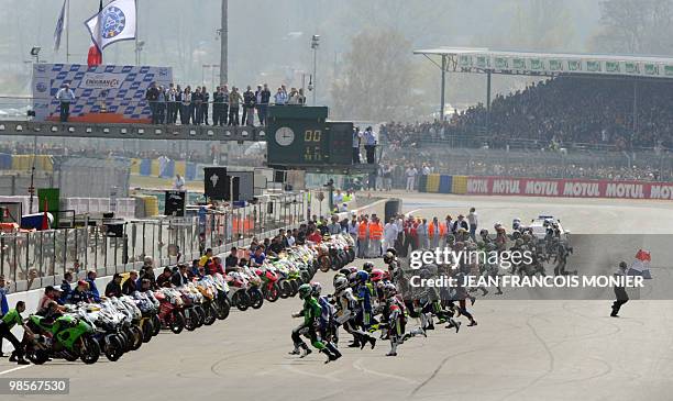 Riders take the start of the 33rd of the Le Mans 24-hour endurance race on April 17, 2010 in le Mans, western France. 165 riders competes during the...