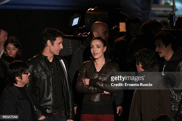Raul Bova and Ambra Angiolini on location for 'Immaturi', an Italian fictional TV programme being filmed on the streets of Rome April 19, 2010 in...