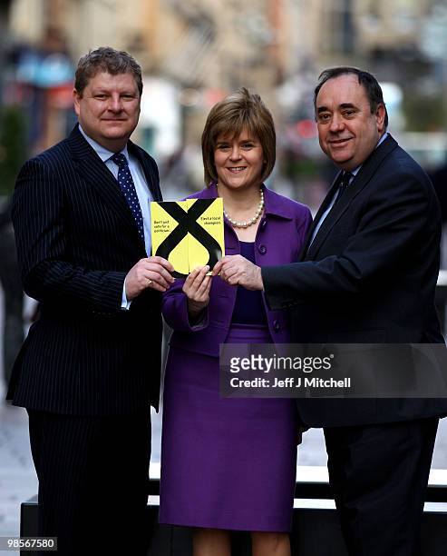 Scottish National Party leader Alex Salmond, Angus Robertson and Nicola Sturgeon launch the party manifesto on April 20, 2010 in Glasgow, Scotland....