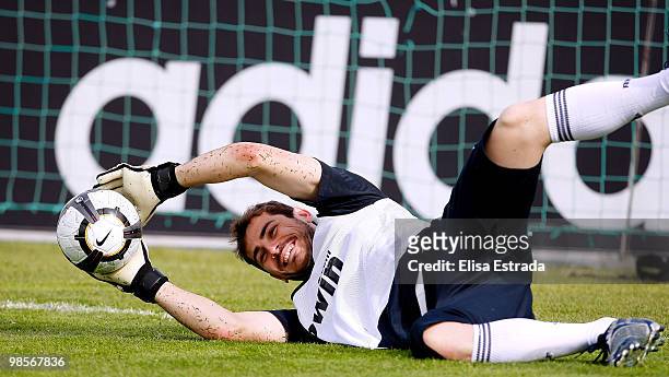 Iker Casillas of real Madrid in action during a training session at Valdebebas on April 20, 2010 in Madrid, Spain.