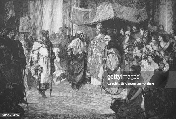 Meeting of Emperor Frederick Barbarossa and Pope Alexander III, 24 June 1177. Frederick, Friedrich, 1122 - 1190, also known as Frederick Barbarossa,...