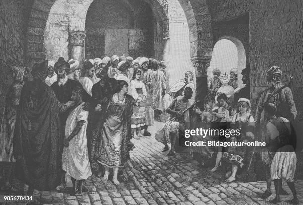 Slave market, Spanish and Italian prisoners are sold by the corsairs, Digital improved reproduction of an image published between 1880