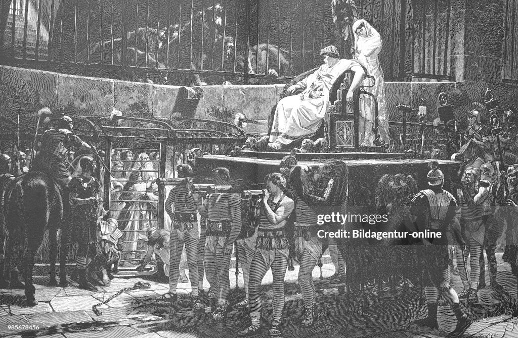 A Roman emperor is carried through the arena by armed forces