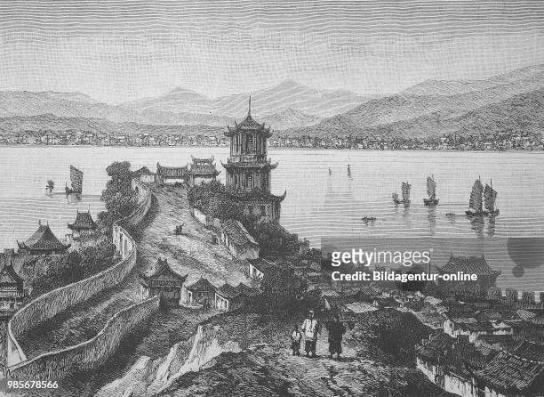 River Yangtze near Wu-Tschang-Fu, with Pagoda and temple, China, Digital improved reproduction of an image published between 1880