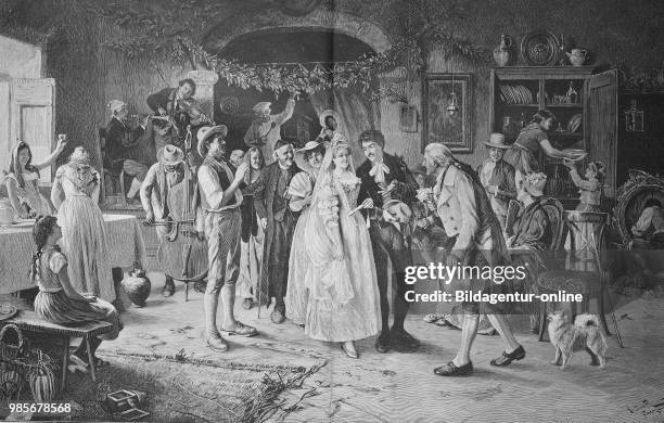 Wedding in Italy in the 18th century, bridal couple in the circle of the family and musicians, Digital improved reproduction of an image published...