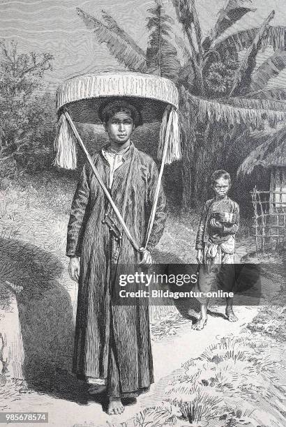 Wealthy woman from thailand, tonkinesin, in street costume and sun protection, Digital improved reproduction of an image published between 1880