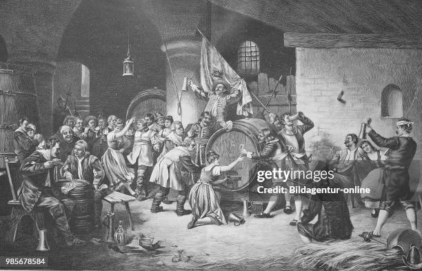 Landsknechte, soldiers, celebrate in an inn with a large wine barrel, Digital improved reproduction of an image published between 1880