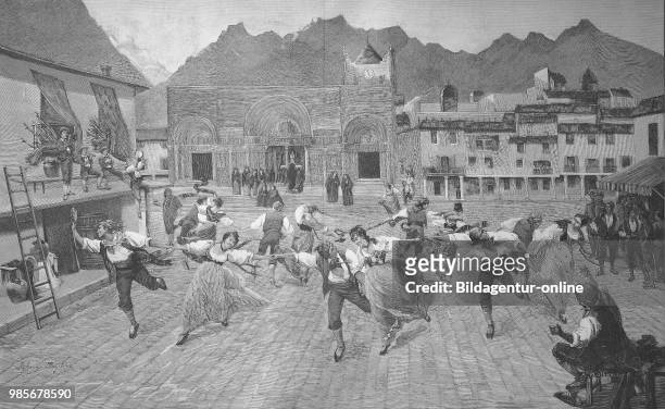 The farandole is an open-chain community dance popular in Provence, France and in Spain, Digital improved reproduction of an image published between...