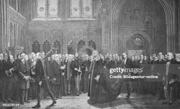 From the English Parliament, the Speaker on the way to the Upper House, Senate, England, Digital improved reproduction of an image published between...