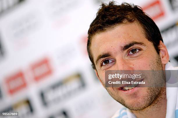 Gonzalo Higuain of Real Madrid speaks to the media during a press conference after a training session at Valdebebas on April 20, 2010 in Madrid,...