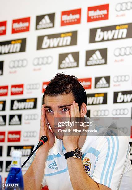 Gonzalo Higuain of Real Madrid speaks to the media during a press conference after a training session at Valdebebas on April 20, 2010 in Madrid,...