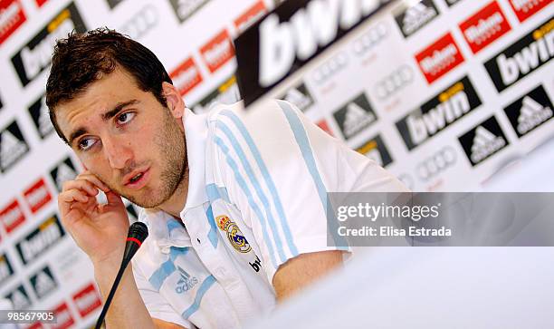 Gonzalo Higuain of Real Madrid speaks to the media during a press conference after a training session at Valdebebas on April 20, 2010 in Madrid,...