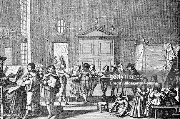 School of boys in the 17th century, Knabenschule im 17. Jahrhundert, digital improved reproduction of a woodcut, published in the 19th century.