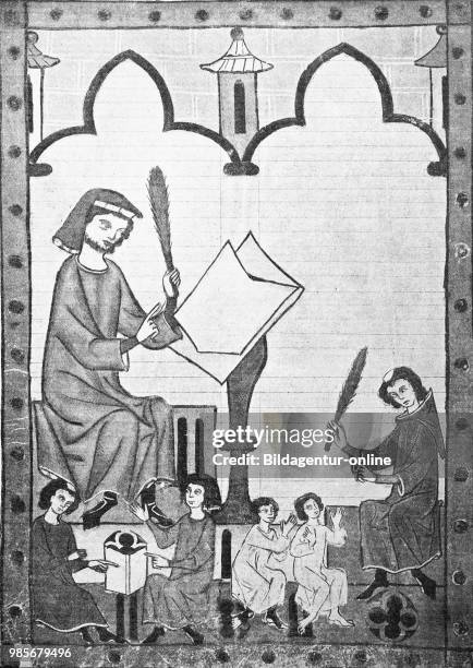 Teacher und child in the middle ages from the Codex Manesse, Manesse Codex, or Grosse Heidelberger Liederhandschrif, Lehrer und Schueler im...
