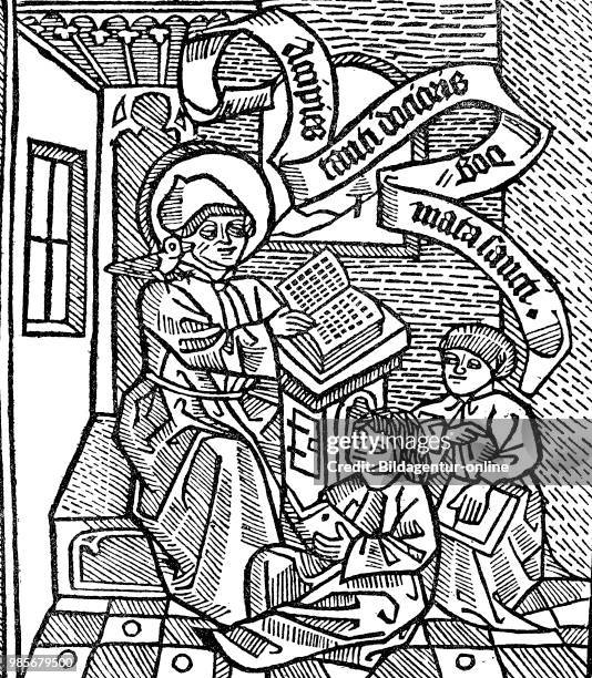 Teacher Thomas Aquinas and two students, Lehrer Thomas von Aquino und zwei Schueler Saint Thomas Aquinas, Tommaso d' Aquino, Thomas of Aquino; 1225 -...