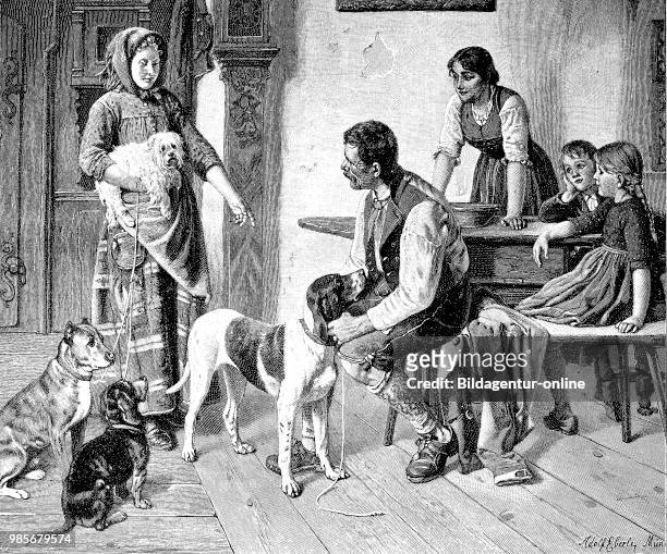 Family idyl in the 19th century, farmers' room with parents and three children and four dogs, Bavaria, Germany, Familienidylle im 19. Jahrhundert,...