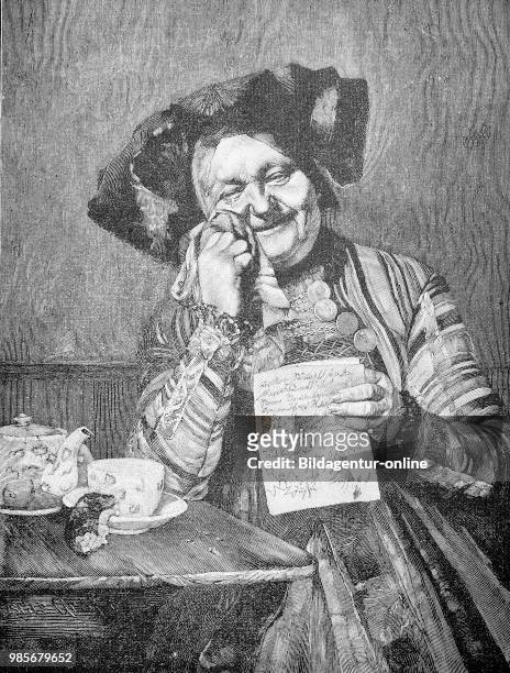 Funny letter, woman reading a letter and laughing tears, Lustiger Brief, Frau liest einen Brief und muss Traenen lachen, digital improved...