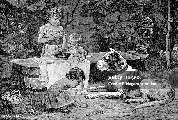 Three children play in the garden, and a big domestic dog is watching, Spielgefaehrten, drei Kunder spielen im Garten und ein grosser Haushund schaut...